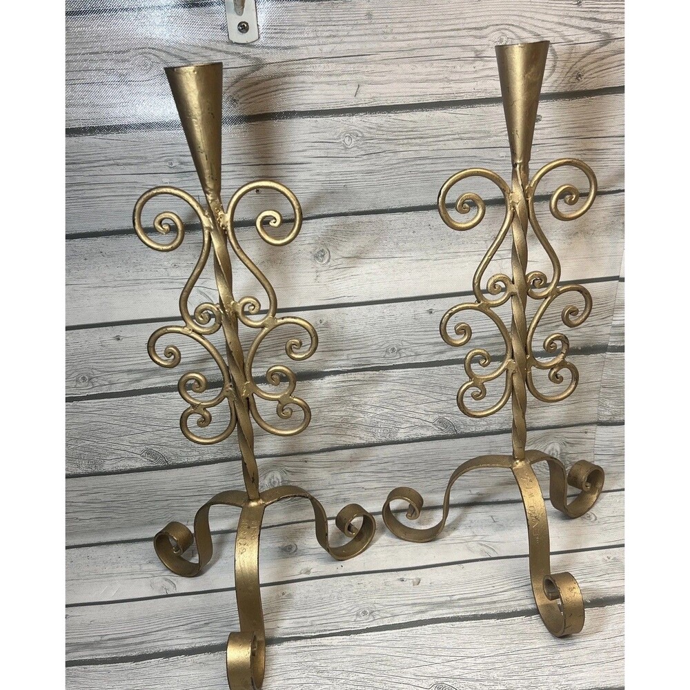 2 Vintage  Hollywood Regency 18” Gold Metal Candle Holders Christmas Gothic